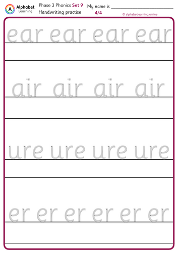Handwriting Phase 3 Phonics ear air ure er (Set 9) | Teaching Resources