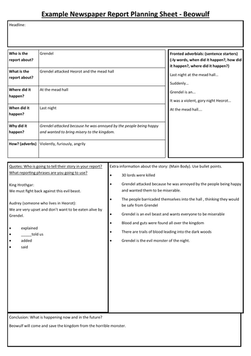 Beowulf - Newspaper Report Planning Sheet