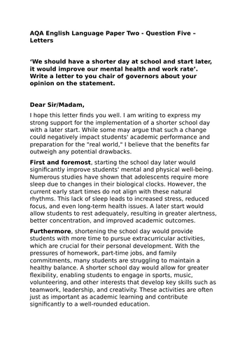 AQA- Language Paper 2 - Question 5 - MODEL LETTERS x5 | Teaching Resources