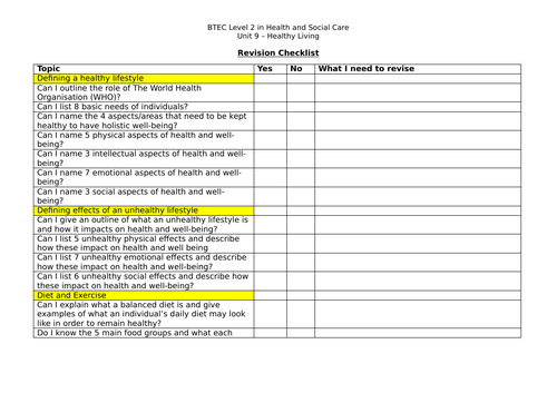 Healthy Living - Unit 9 - Revision Checklist and Key Terms Worksheet - BTEC Level in H & SC