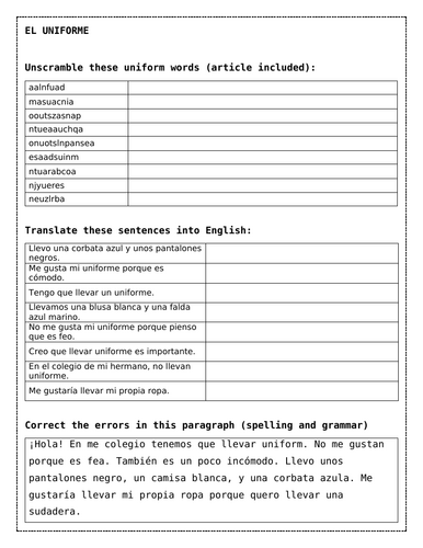 KS3 / GCSE Spanish: Mi uniforme