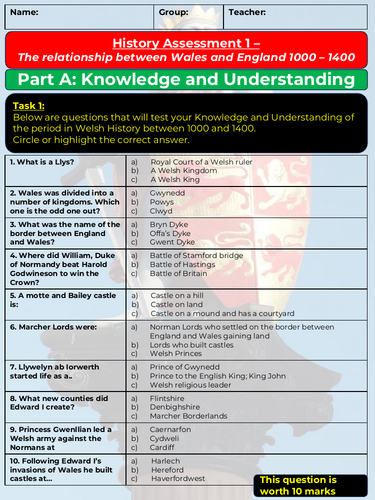 KS3 Welsh History Assessment - Wales in Medieval Times | Teaching Resources