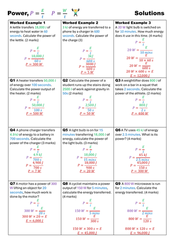 GCSE Science - Foundation Power P=E/t Calculations (SLOP with answers ...