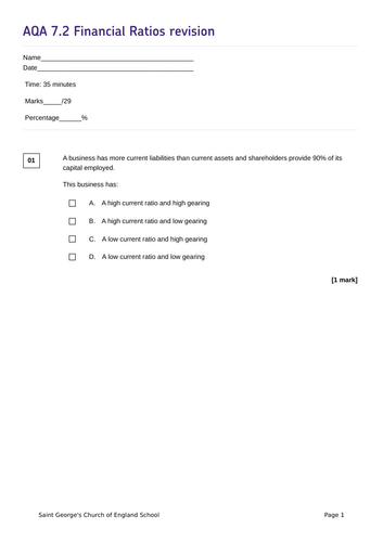 A Level Business Financial Ratios assessment for revision