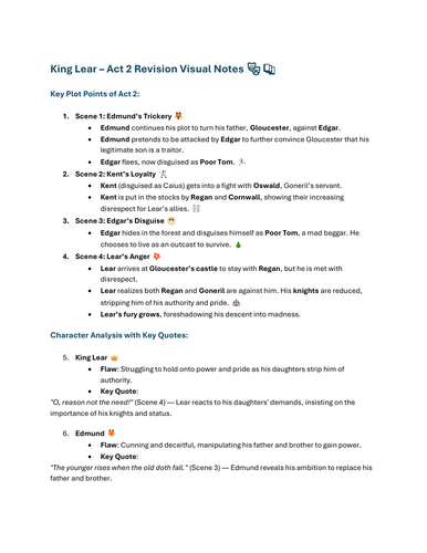 King Lear Act 2 Revision Sheet Visual Guide for Students