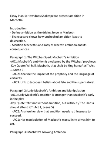Macbeth Essay Plans- GCSE English Literature AQA | Teaching Resources