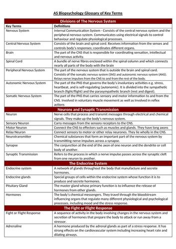 Biopsychology AQA Psychology Glossary of Key Terms