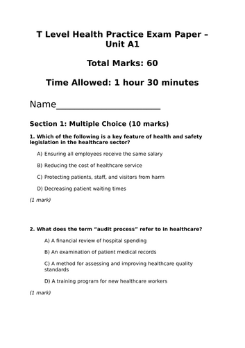 T Level Core A (A1) End of unit exam | Teaching Resources