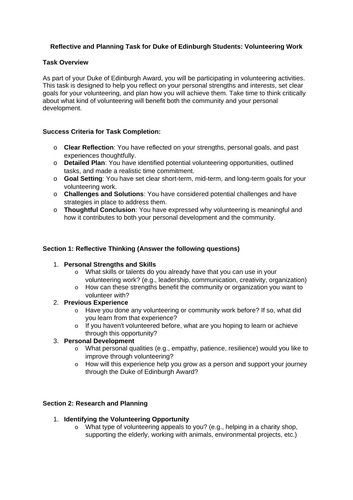 Duke of Edinburgh Volunteering student planning resource | Teaching ...