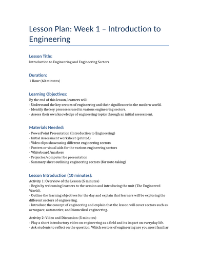 Unit 1- The Engineered World W1 Lesson Plan