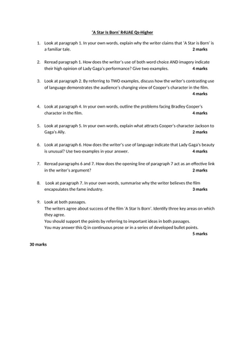 Higher English R4UAE RUAE Practice Paper-A Star Is Born | Teaching ...