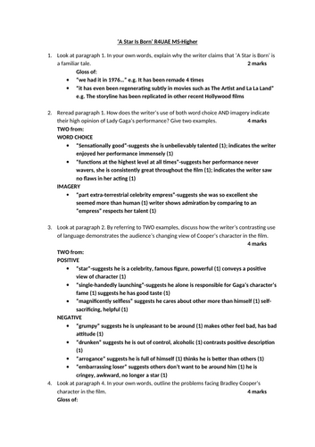 Higher English R4UAE RUAE Practice Paper-A Star Is Born | Teaching ...