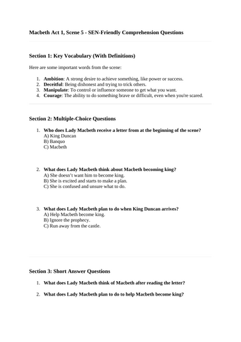 Macbeth Act 1 Scene 5 SEN Worksheet | Teaching Resources