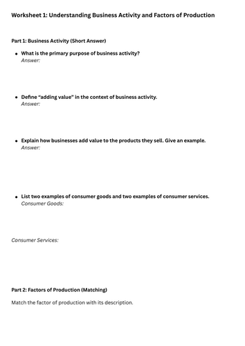 Worksheet Understanding Business Activity and Factors of Production ...