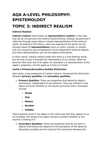 Indirect Realism - AQA A-Level Philosophy Revision Summary