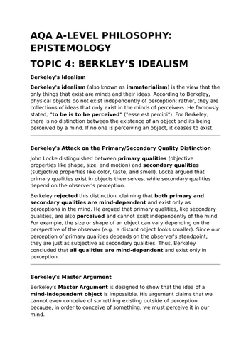 Idealism - AQA A-Level Philosophy Revision Summary