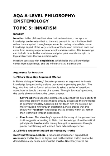 Innatism - AQA A-Level Philosophy Revision Summary