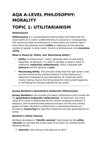 Utilitarianism - AQA A-Level Philosophy Revision Summary