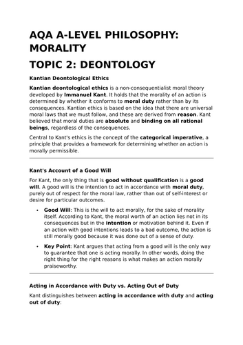 Kantian Deontological Ethics - AQA A-Level Philosophy Revision Summary