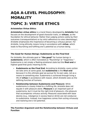 Aristotelian Virtue Ethics - AQA A-Level Philosophy Revision Summary