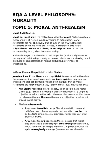 Moral Anti-Realism - AQA A-Level Philosophy Revision Summary