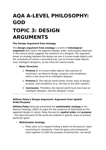 Design Arguments - AQA A-Level Philosophy Revision Summary