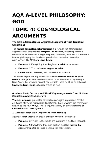 Cosmological Arguments - AQA A-Level Philosophy Revision Summary