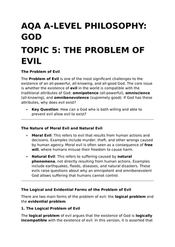 The Problem of Evil - AQA A-Level Philosophy Revision Summary