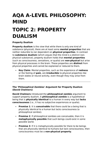 Property Dualism - AQA A-Level Philosophy Revision Summary