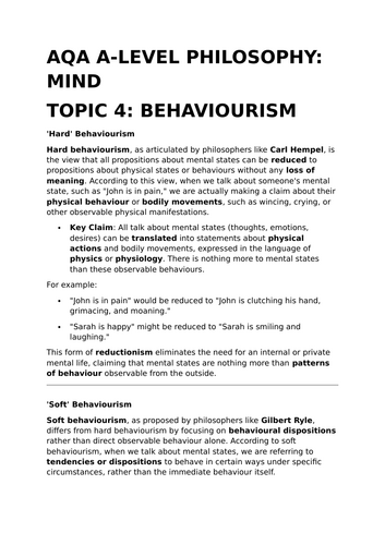 Behaviourism - AQA A-Level Philosophy Revision Summary