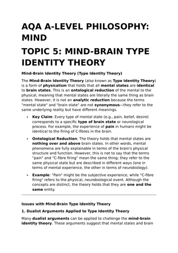 Mind-Brain Type Identity Theory - AQA A-Level Philosophy Revision Summary