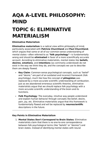 Eliminative Materialism - AQA A-Level Philosophy Revision Summary