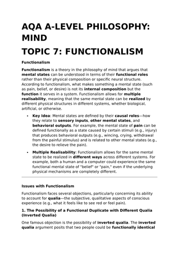 Functionalism - AQA A-Level Philosophy Revision Summary