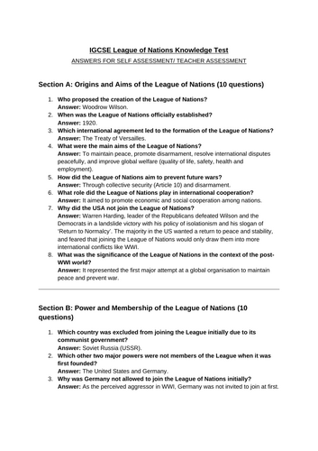 LEAGUE OF NATIONS KNOWLEDGE TEST- CIE IGCSE/GCSE HISTORY | Teaching ...