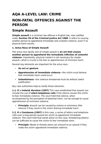 Non-Fatal Offences Against the Person - Revision Summary for Law