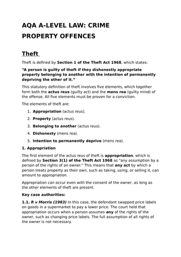 Property Offences - Revision Summary for Law