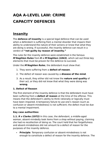 Capacity Defences - Revision Summary for Law