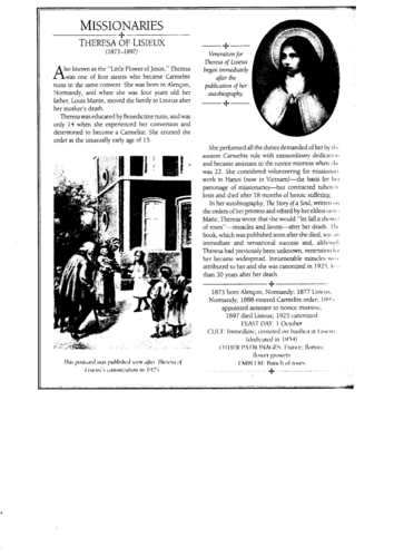 Theresa of Lisieux (1873-1897) Little Flower of Jesus Feast Day 1st ...
