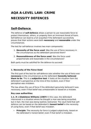 Necessity Defences - Revision Summary for AQA A-Level Law