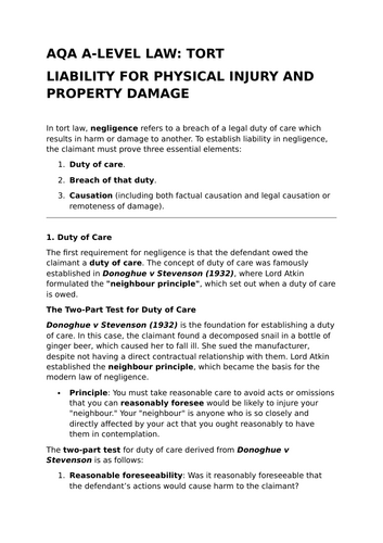 Liability for Physical Injury & Property Damage - Revision Summary for Tort Law