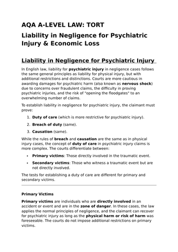 Liability for Psychiatric Injury & Economic Loss - Revision Summary for Tort Law