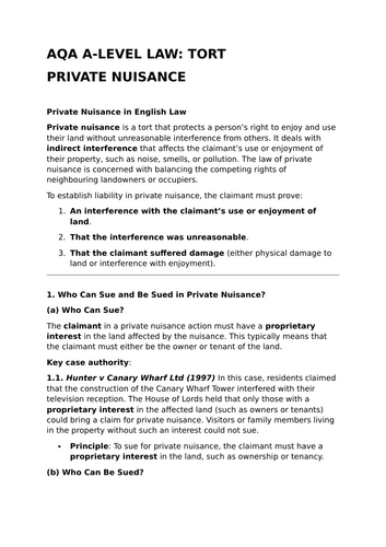 Private Nuisance - Revision Summary for Tort Law