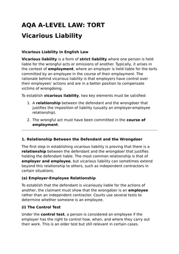 Vicarious Liability - Revision Summary for Tort Law