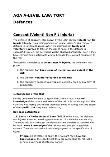 Defences in Tort Law - Revision Summary for Tort Law