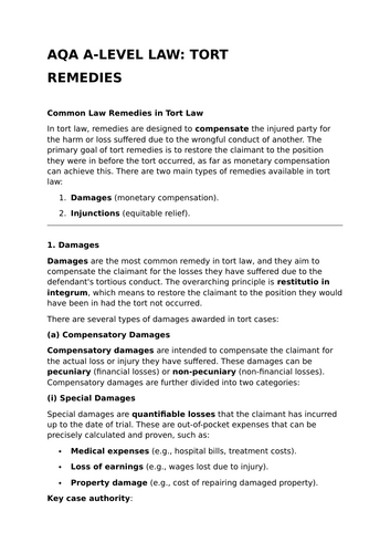 Remedies - Revision Summary for Tort Law