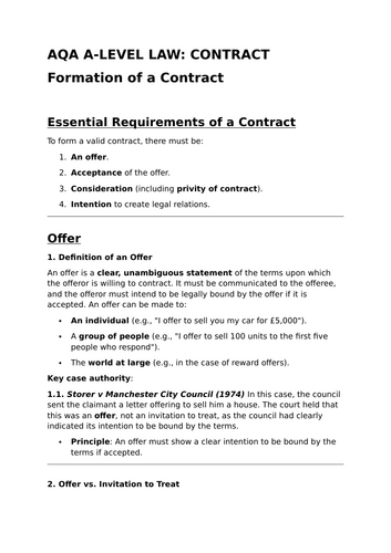 Formation of a Contract - Revision Summary for Contract Law