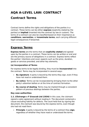 Contract Terms - Revision Summary for Contract Law