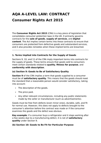 Consumer Rights Act 2015 - Revision Summary for Contract Law