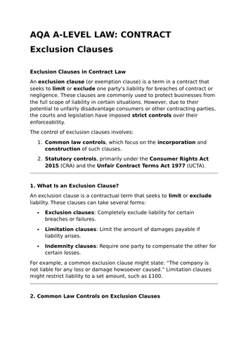 Exclusion Clauses - Revision Summary for Contract Law