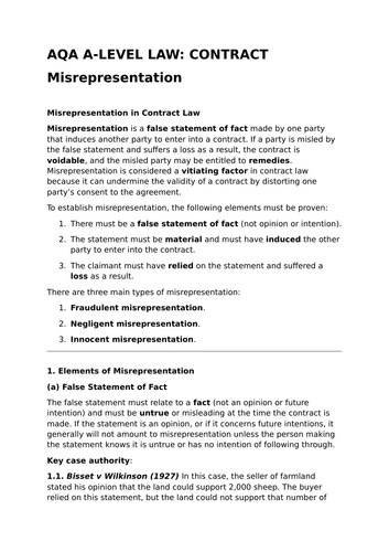 Misrepresentation - Revision Summary for Contract Law